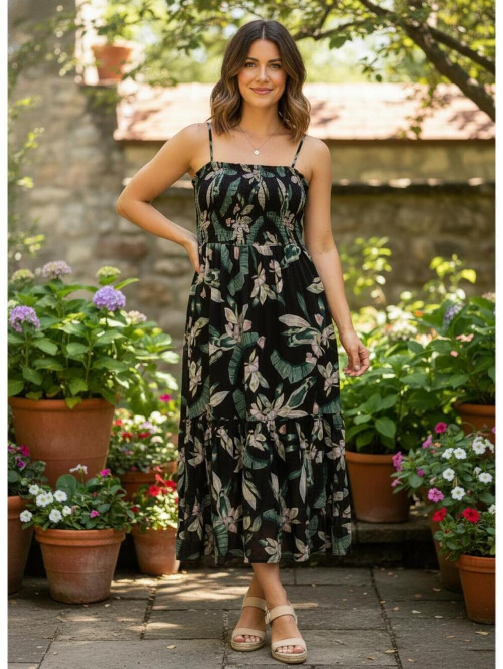Maette Smocked Tropical Flower Swiss Dot Maxi Dress Size 2X
